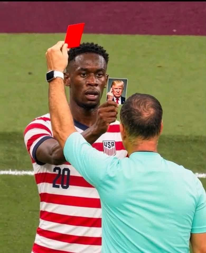 Folarin Balogun being showed a red card showing a card to the referee with Trump giving the finger to the referee.