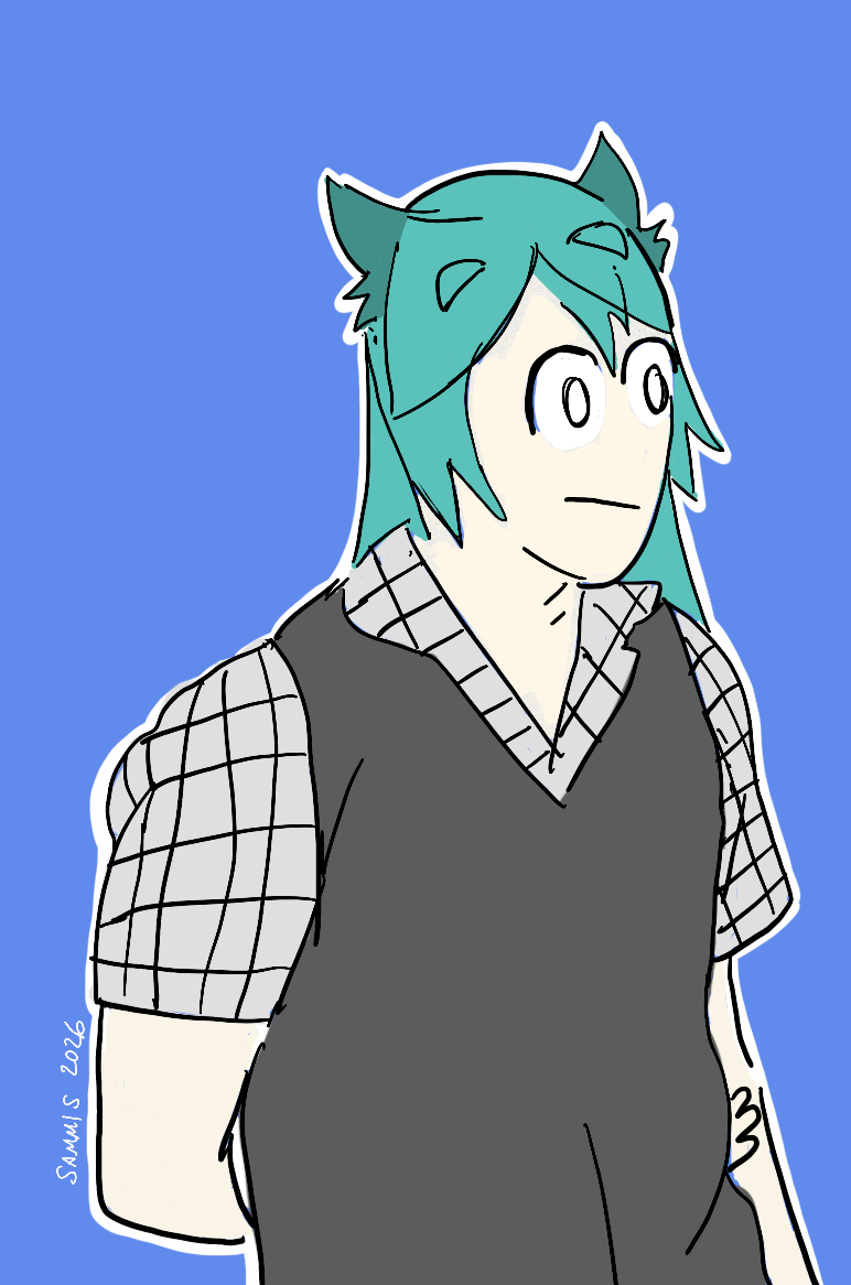 Person with green hair and cat ears, earing a dark vest and plaid shirt.