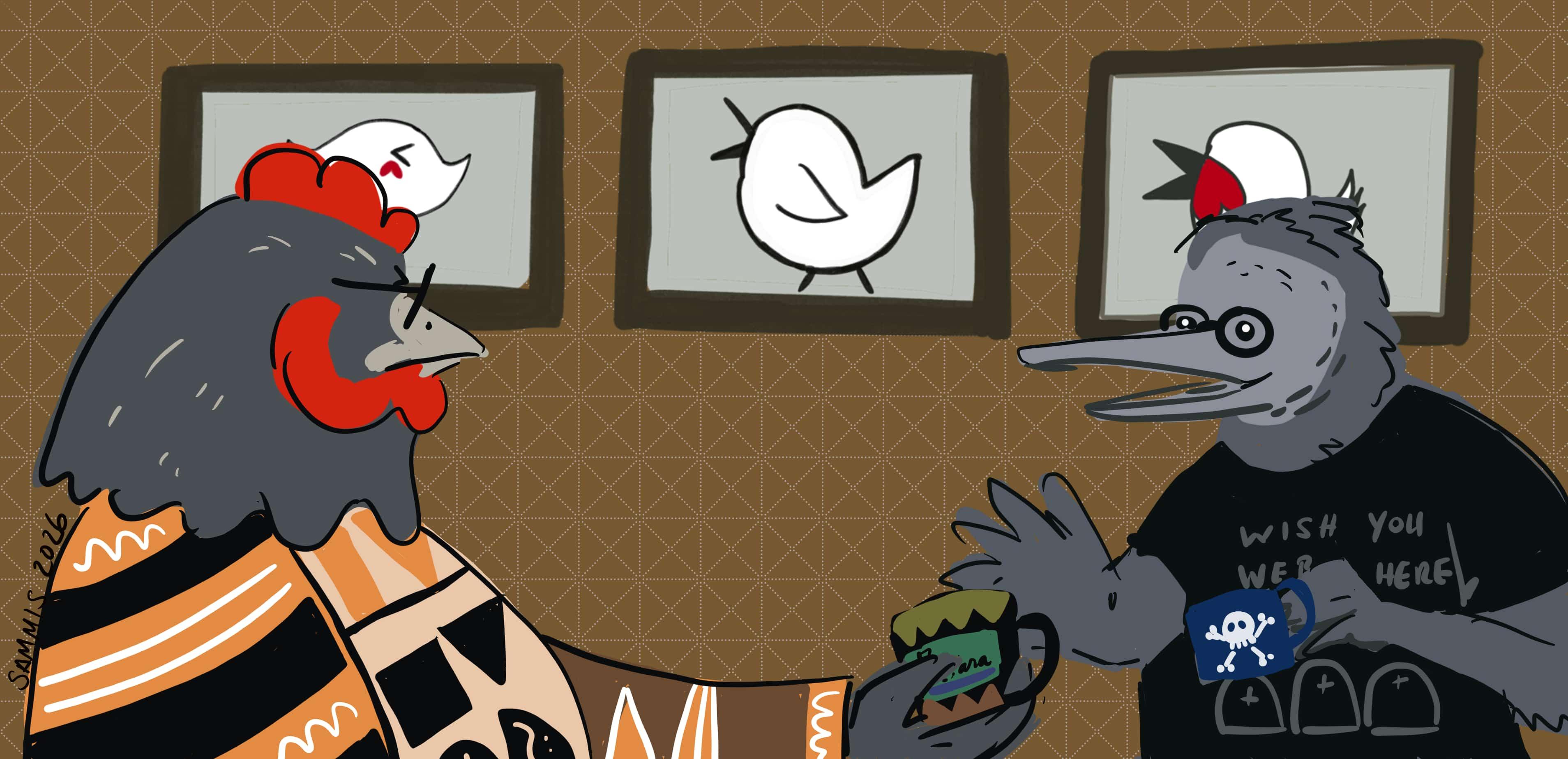 One of my chicken OCs having coffee with a vulture OC.