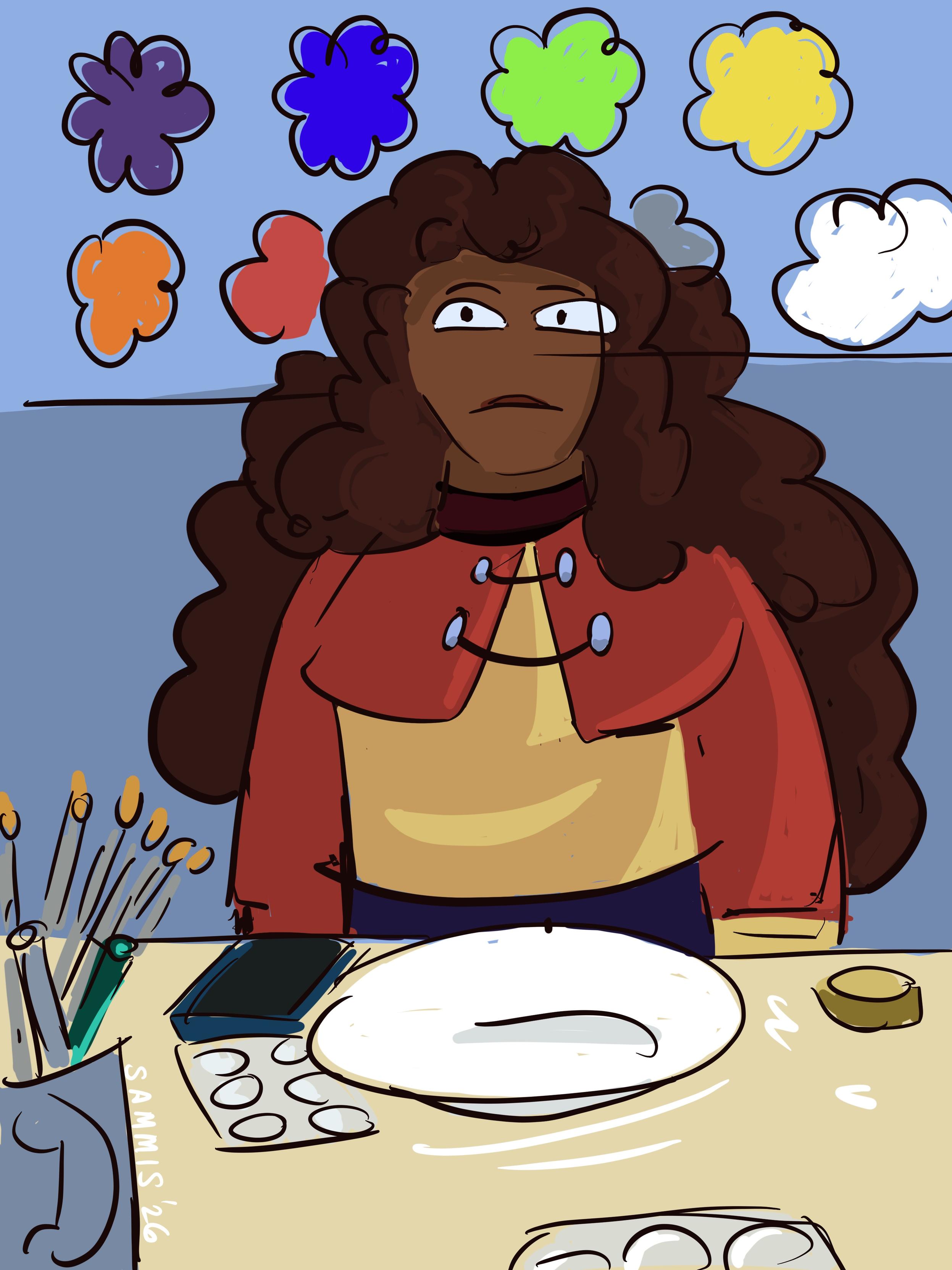 Young person with long curly brown hair sitting before a blank ceramic plate that they will eventually paint.