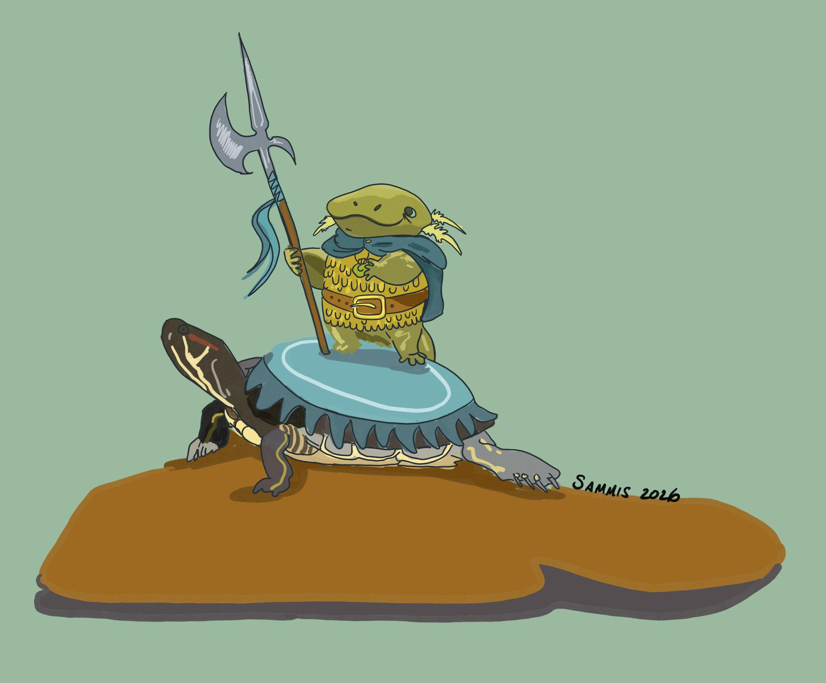 An axolotl paladin riding on a red slider turtle.